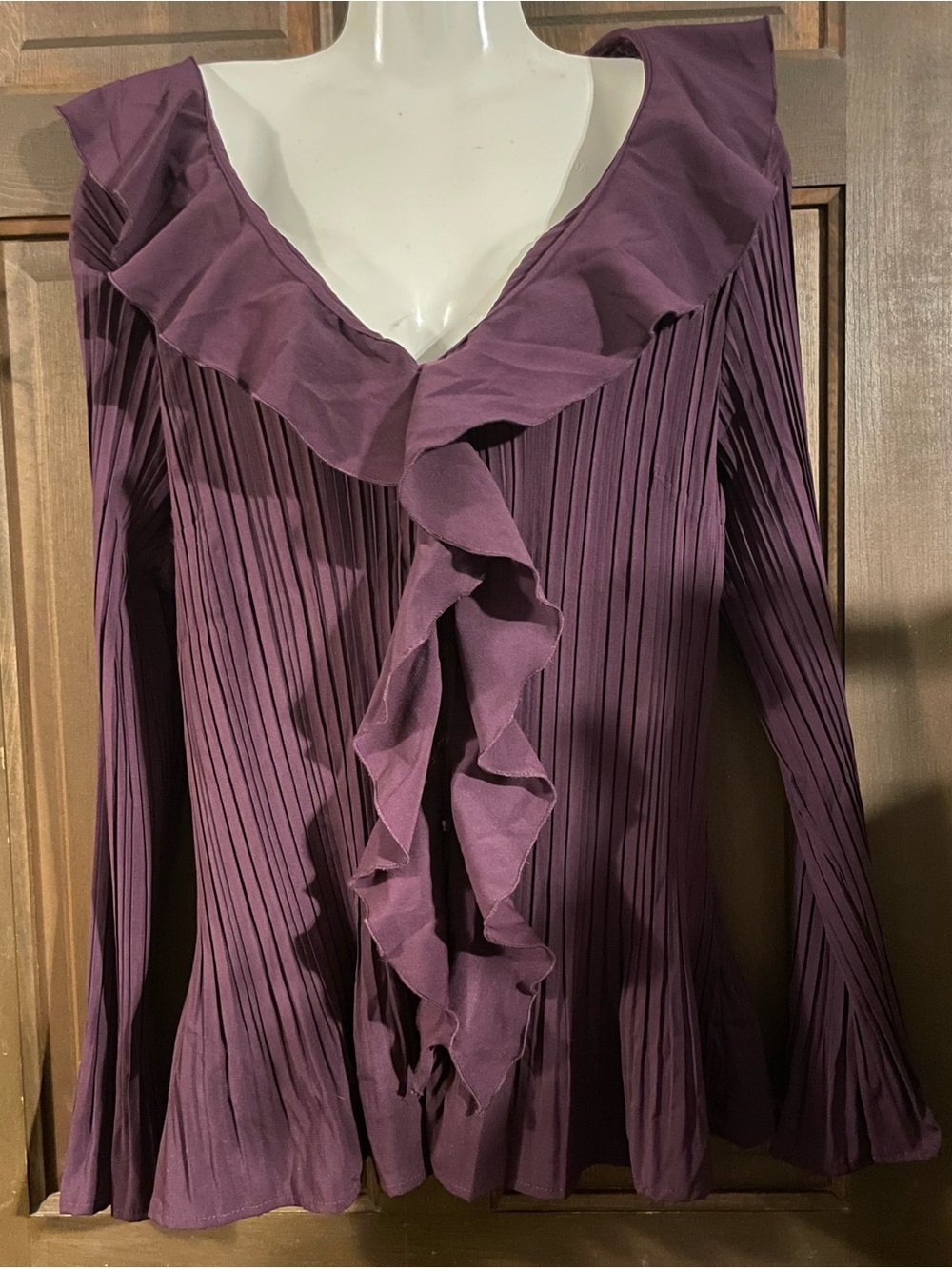 East 5th Deep Plum Pleated Ruffle Long-Sleeve Blouse